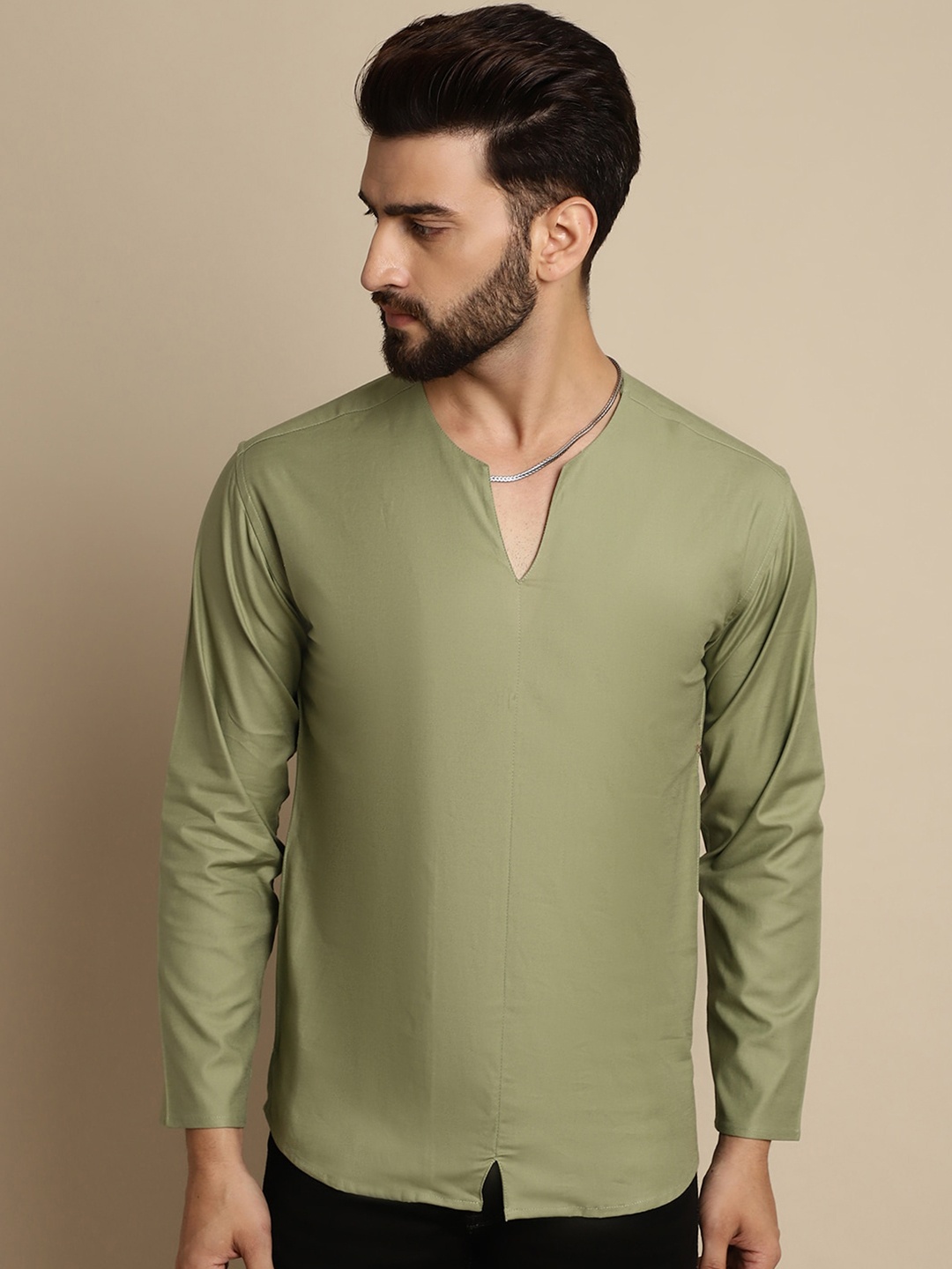 

even Pure Cotton Keyhole Neck Short Kurta, Green