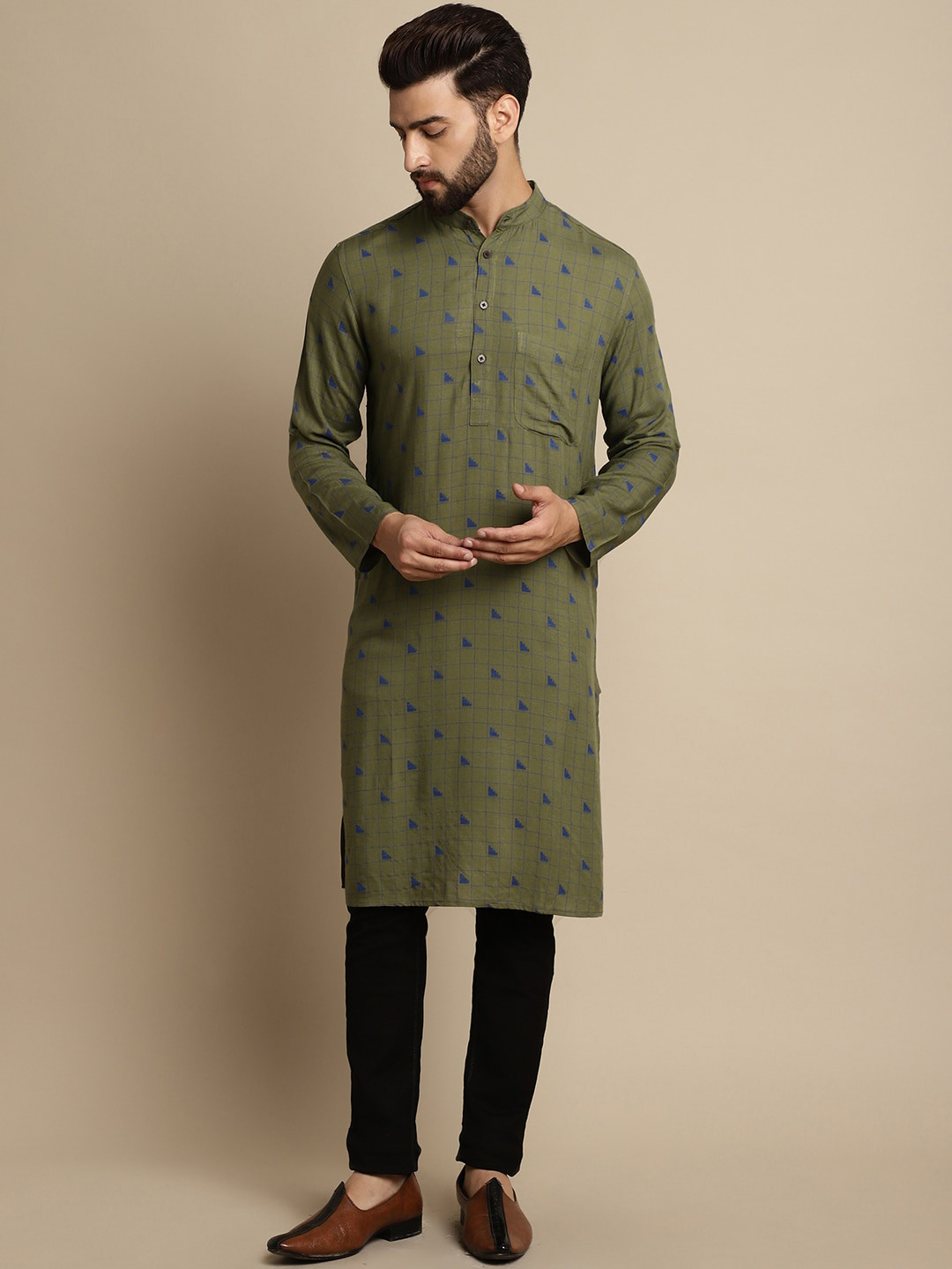 

even Geometric Pure Cotton Band Collar Kurta, Green