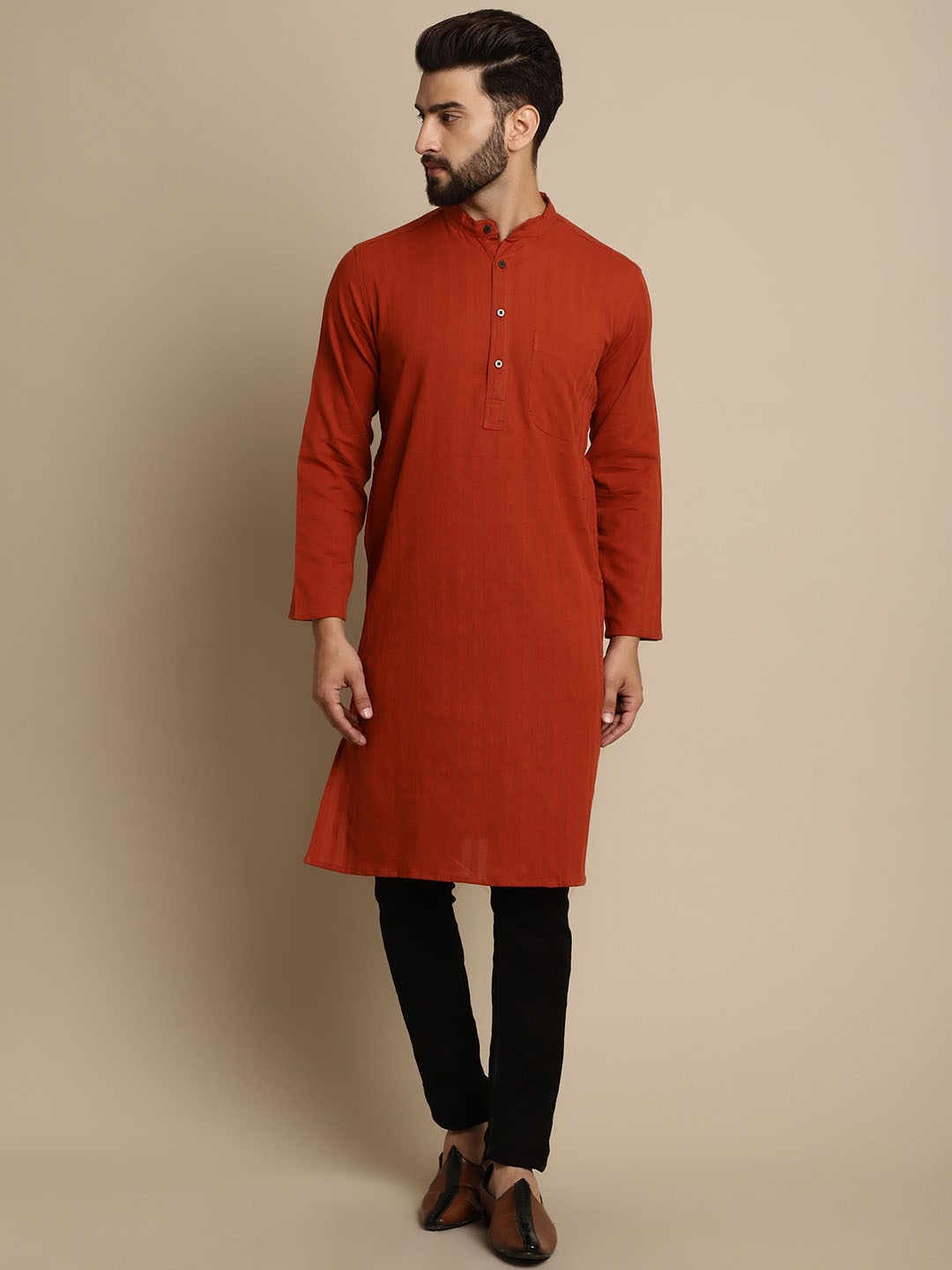 

even Striped Pure Cotton Band Collar Kurta, Red