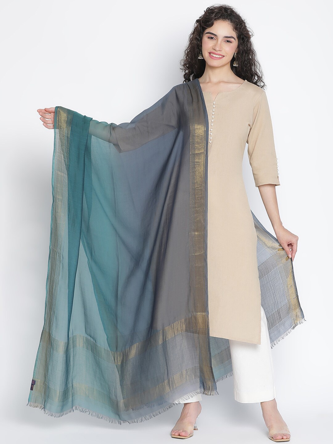 

SHINGORA Silk Blend Dupatta With Fringed Border, Green