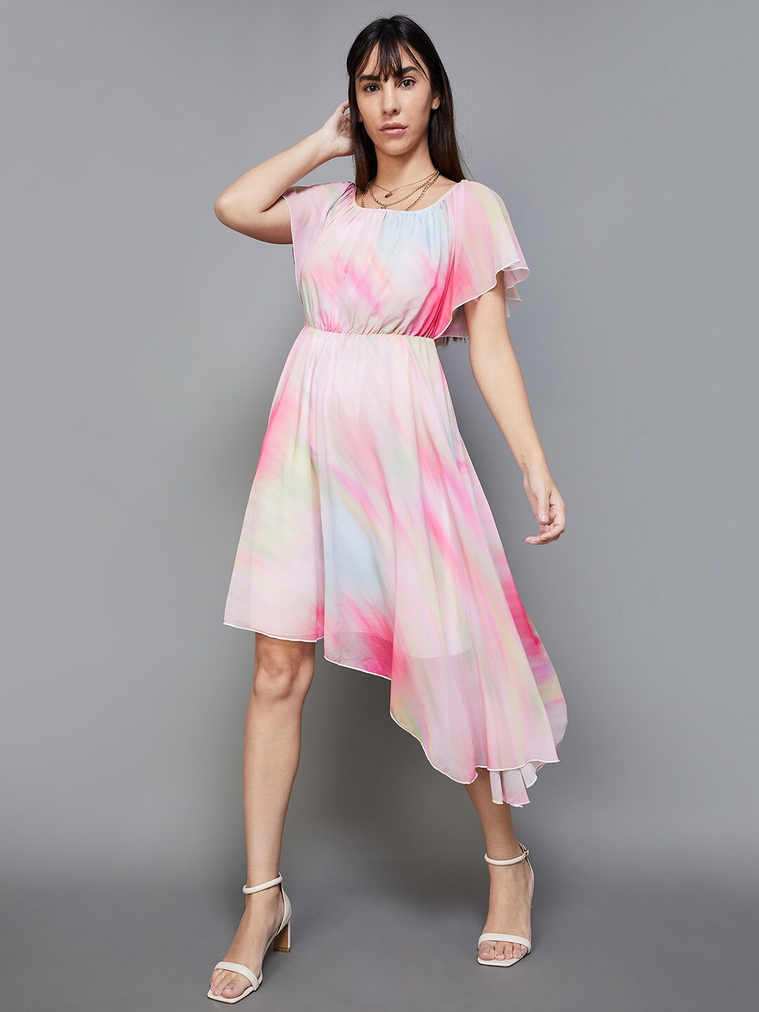 

CODE by Lifestyle Tie & Dyed Off-Shoulder Flared Sleeve Fit & Flare Dress, Pink