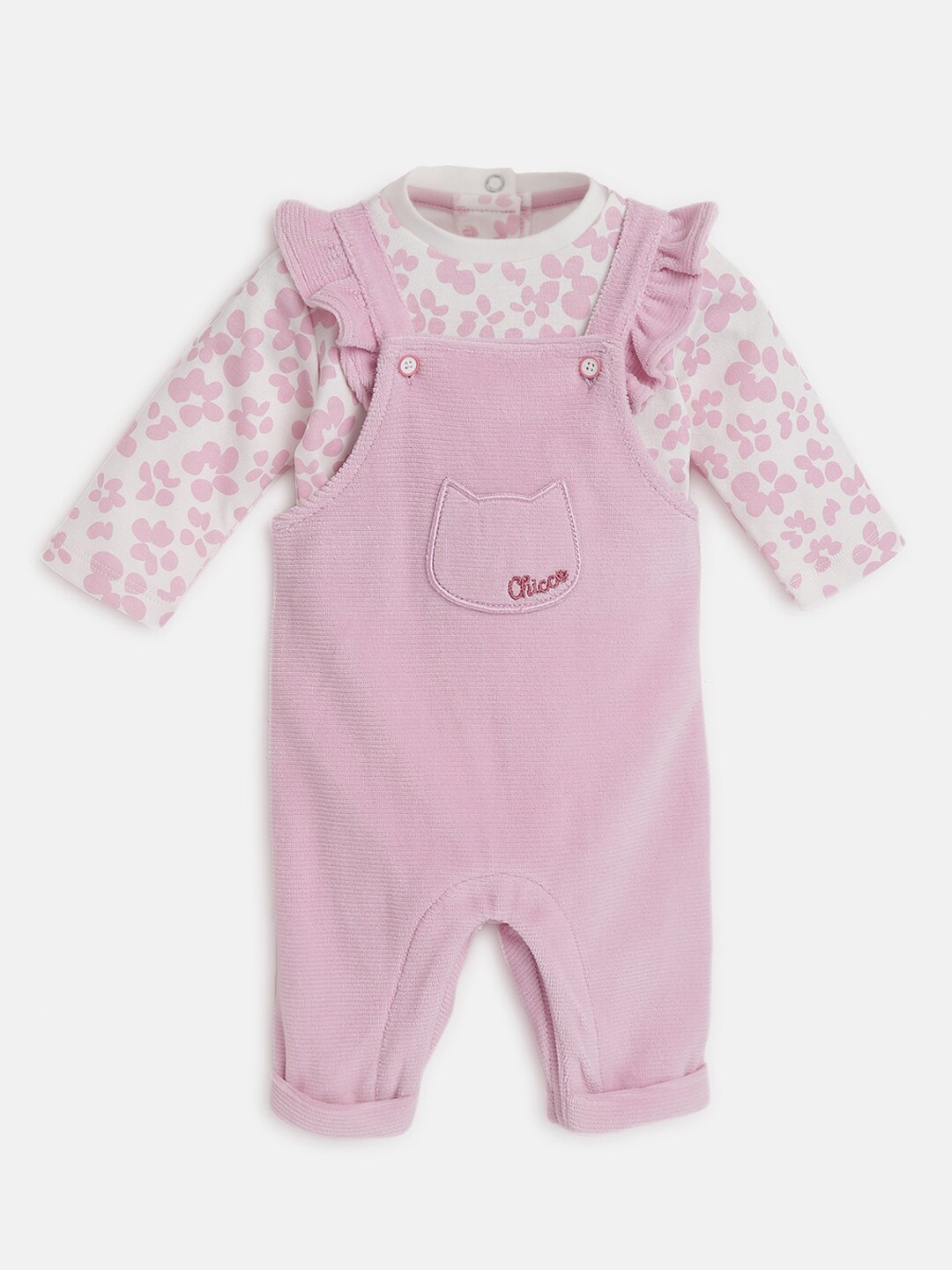 

Chicco Infant Girls Floral Printed Pure Cotton Bodysuit With Dungaree, White