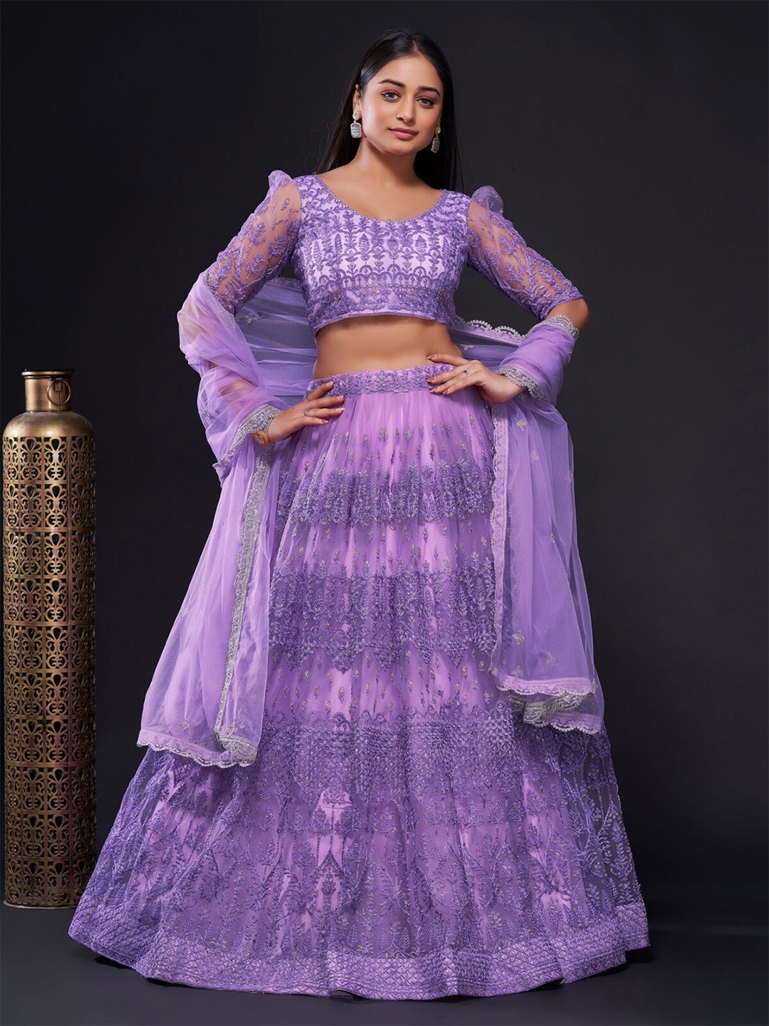 

ODETTE Embroidered Semi-Stitched Lehenga & Unstitched Blouse With Dupatta, Lavender