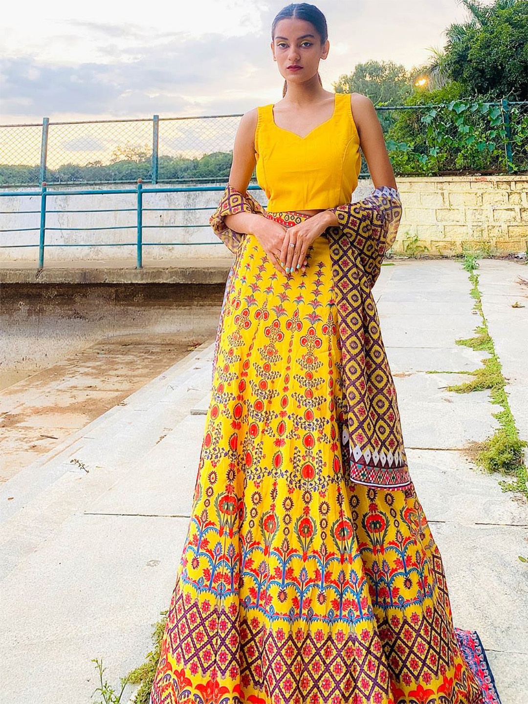 

ODETTE Yellow & Orange Ready to Wear Lehenga & Blouse With Dupatta