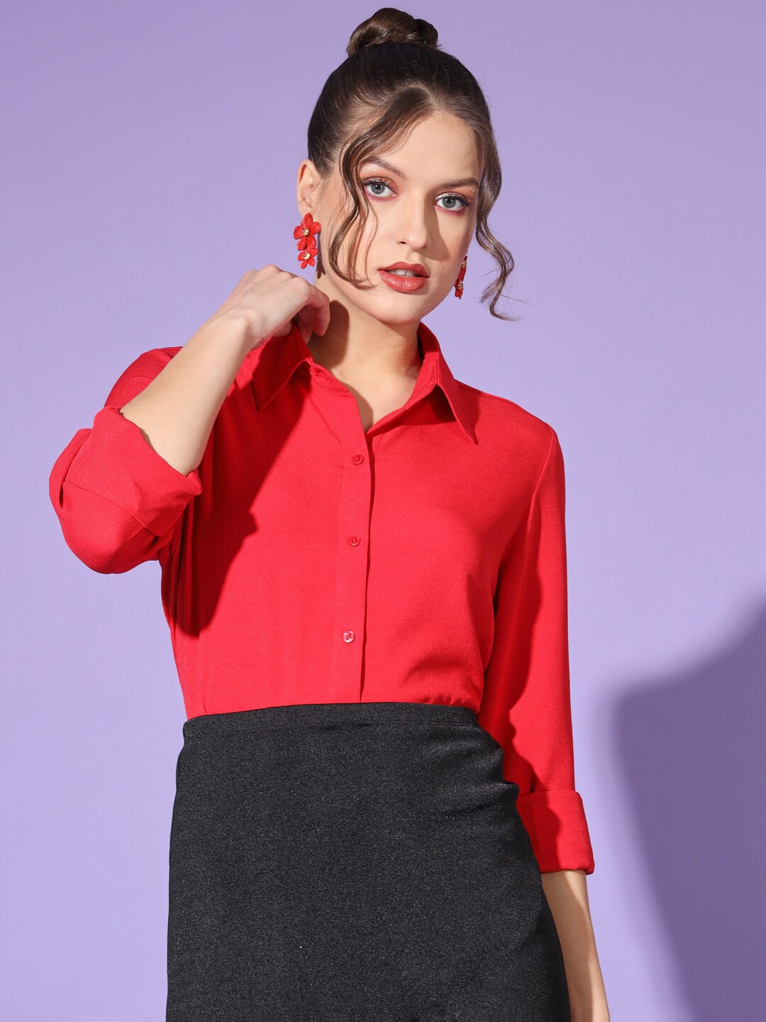 

angloindu Relaxed Shirt Collar Casual Shirt, Red