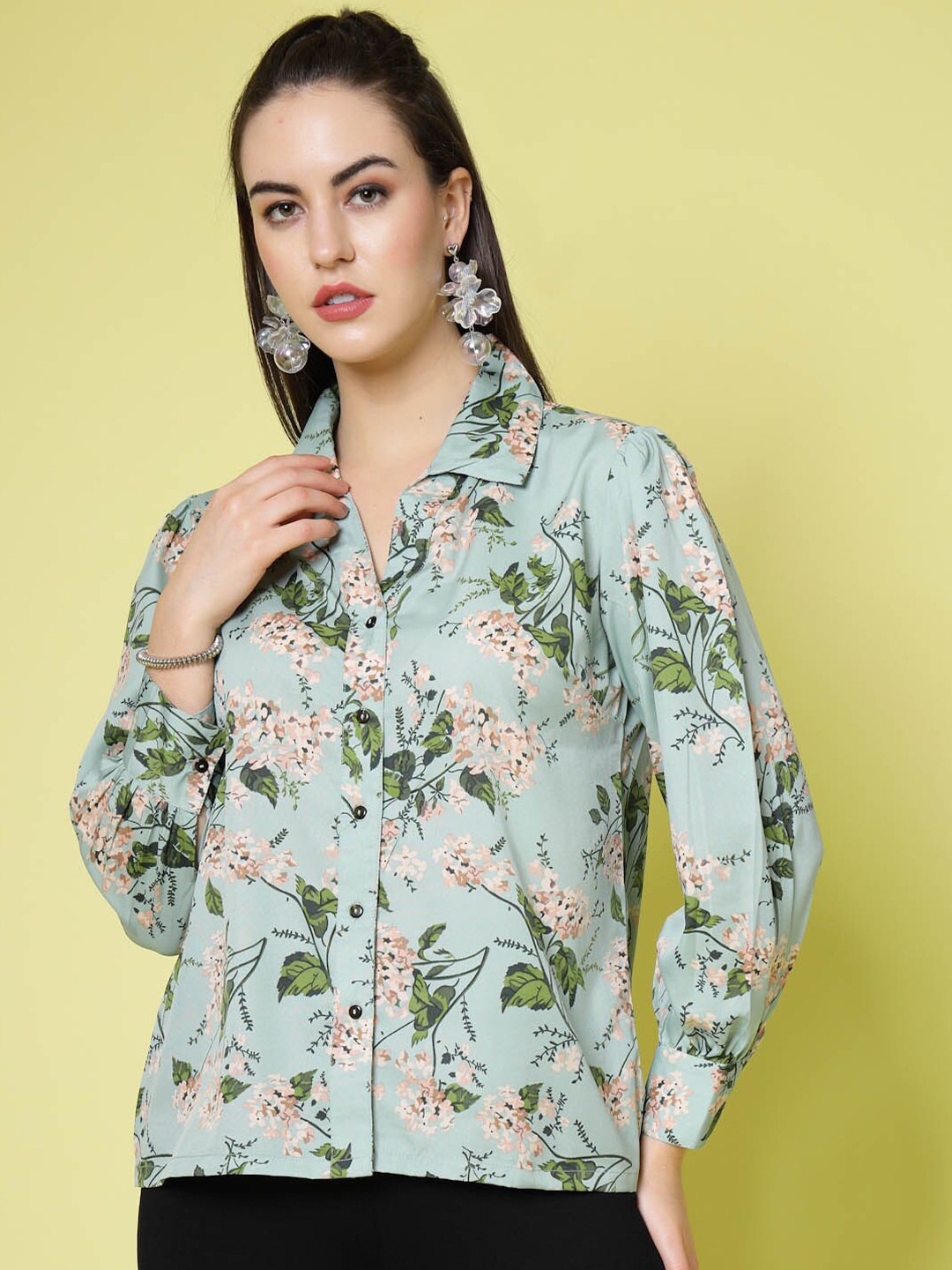 

plusS Floral Printed Casual Shirt, Sea green