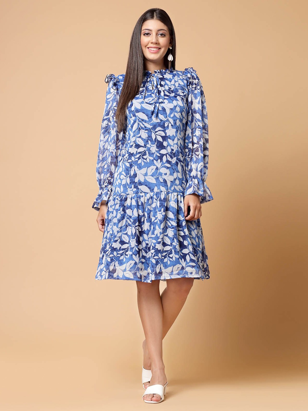 

plusS Blue Floral Printed Tie-Up Neck Puff Sleeves Ruffles Flounce Hem Drop-Waist Dress