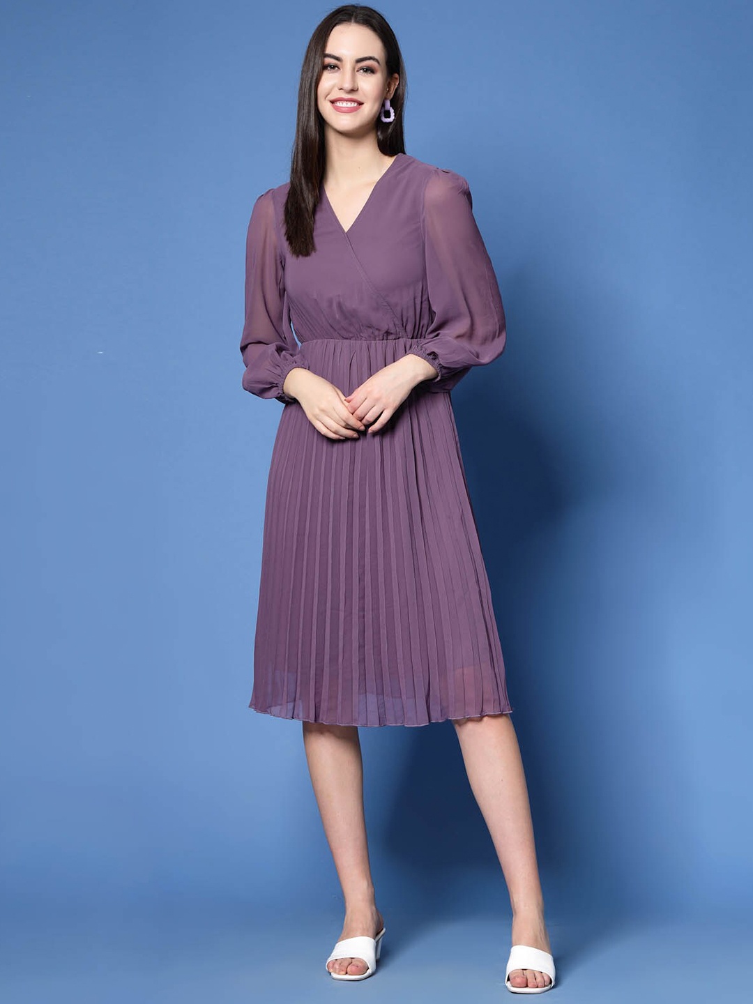 

plusS Purple V-Neck Puff Sleeves Accordion Pleated Fit & Flare Dress