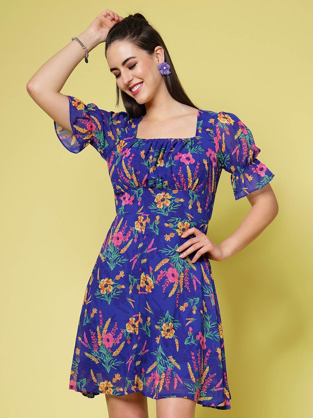 

plusS Blue Floral Printed Square Neck Puff Sleeves Gathered A-Line Dress