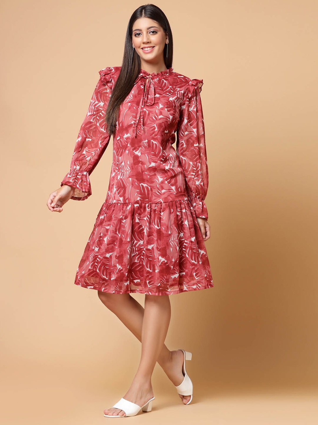 

plusS Maroon Floral Printed Tie-Up Neck Puff Sleeves Ruffles Flounce Hem Drop-Waist Dress