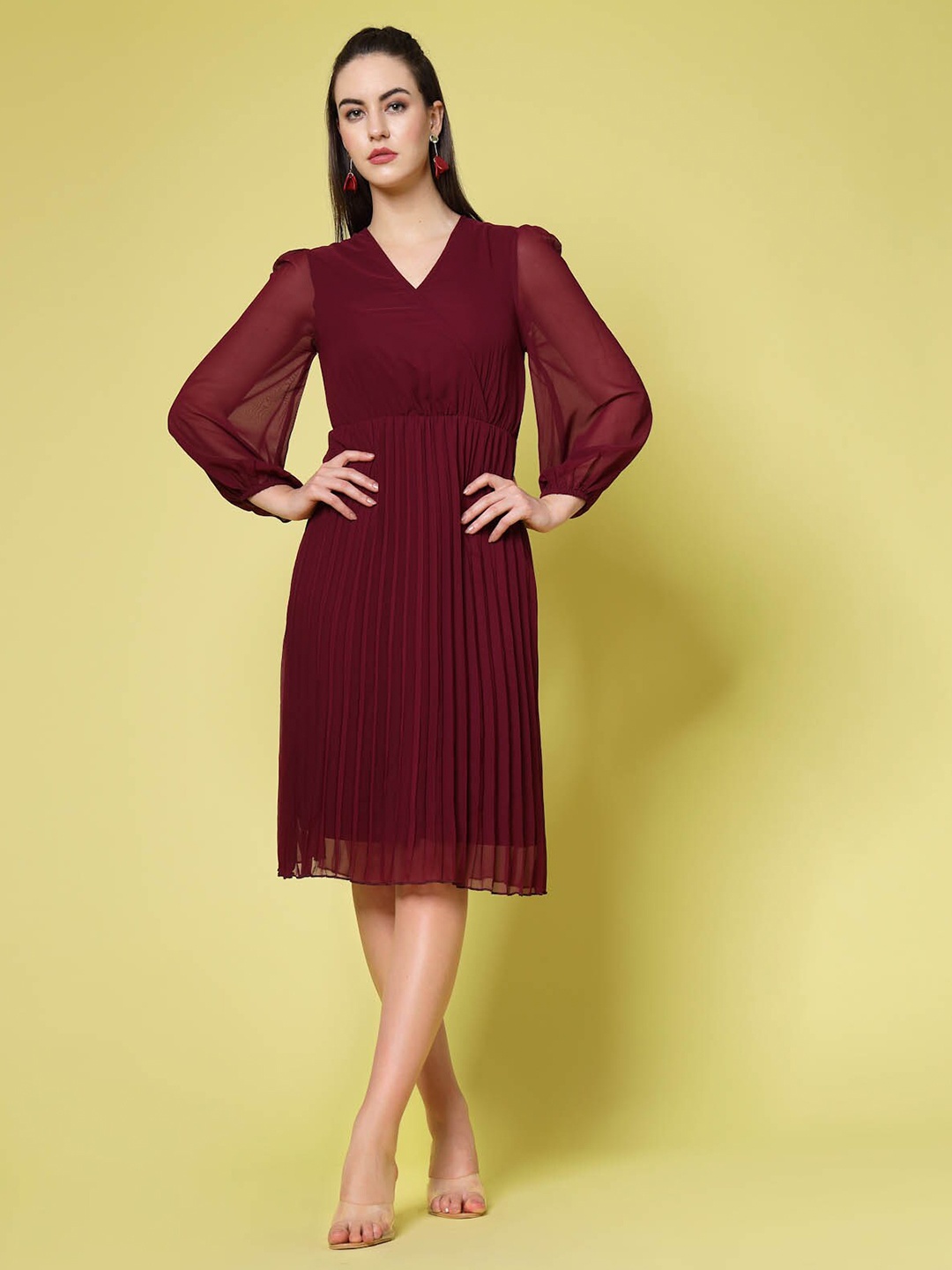 

plusS Maroon V-Neck Puff Sleeves Accordion Pleated Fit & Flare Dress