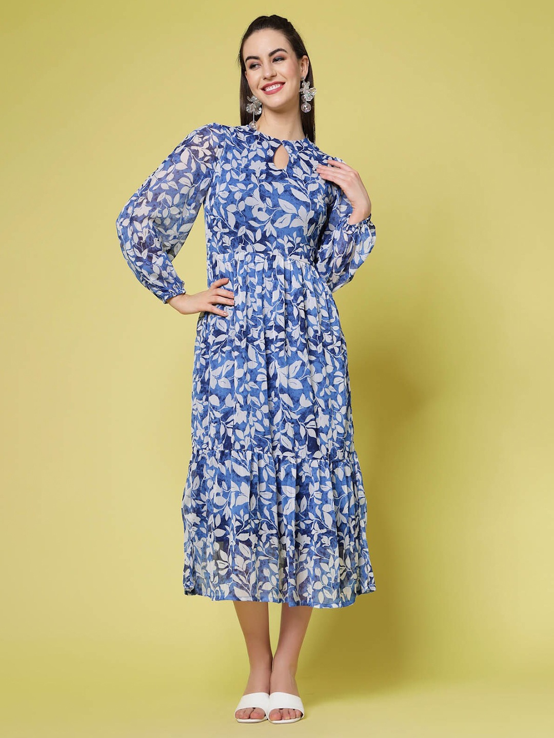 

plusS Floral Print Tie-Up Neck Fit & Flare Dress, Blue