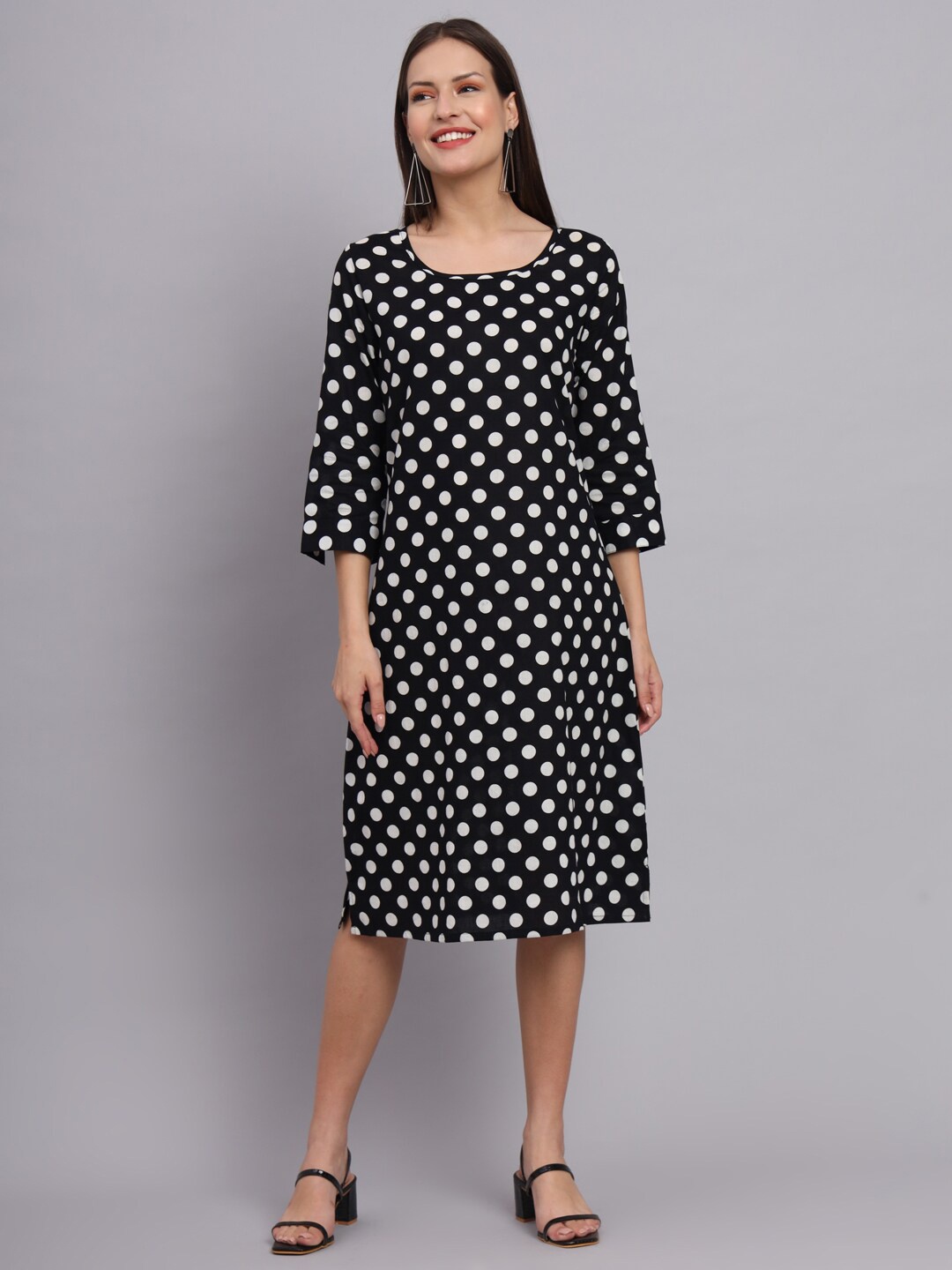 

DECKEDUP Polka Dots Printed Cotton A-Line Dress, Black