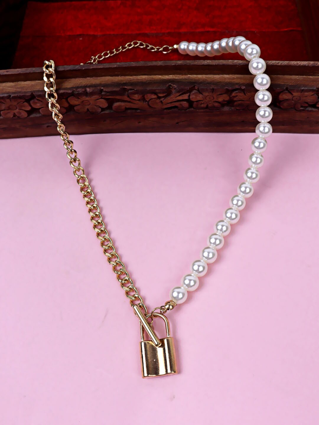 

VAGHBHATT Gold-Plated Beaded Padlock Pendant Necklace