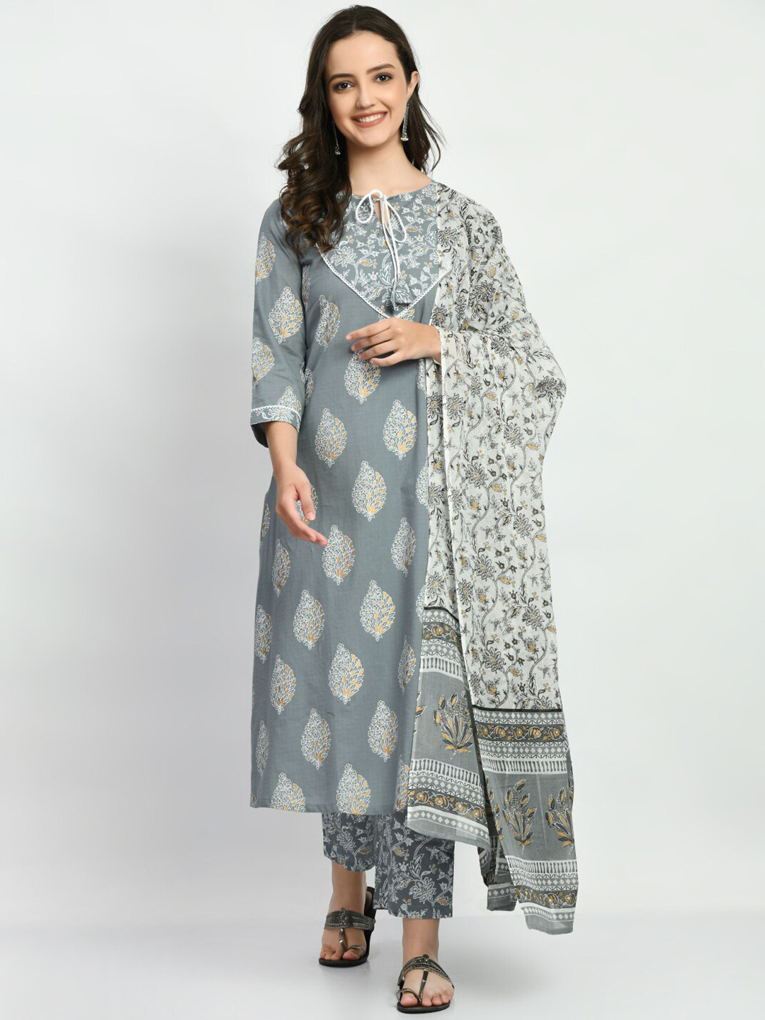 

KALINI Floral Printed Regular Pure Cotton A-Line Kurta & Trousers With Dupatta, Grey
