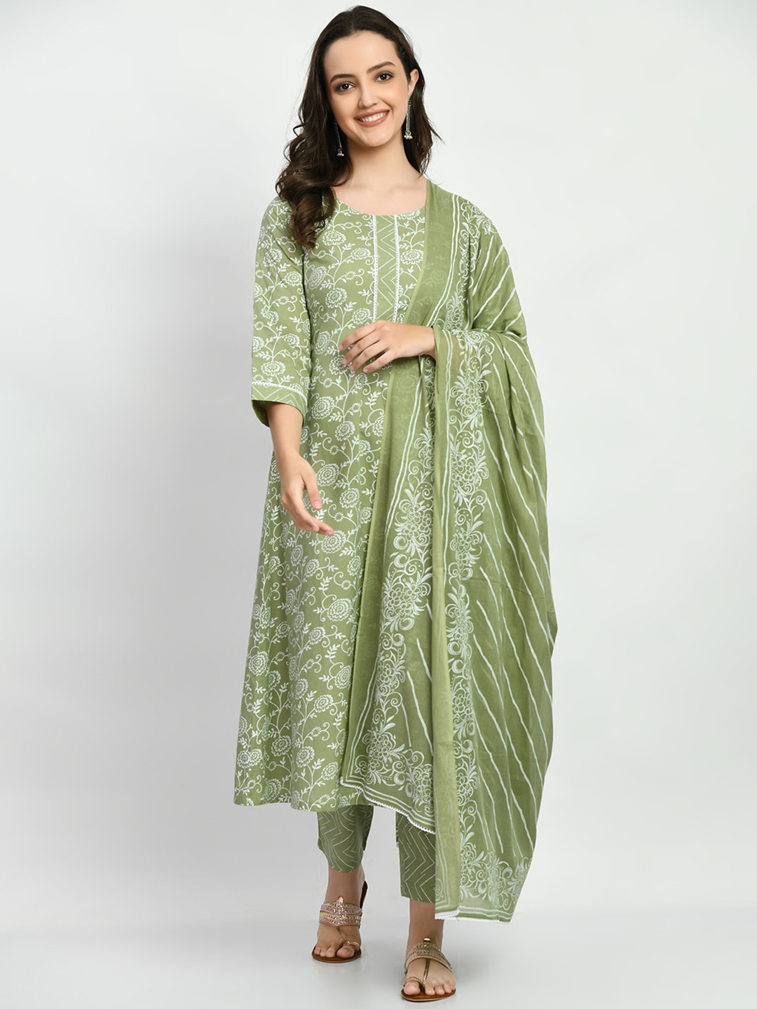 

KALINI Floral Printed Regular Pure Cotton A-Line Kurta & Trousers With Dupatta, Green