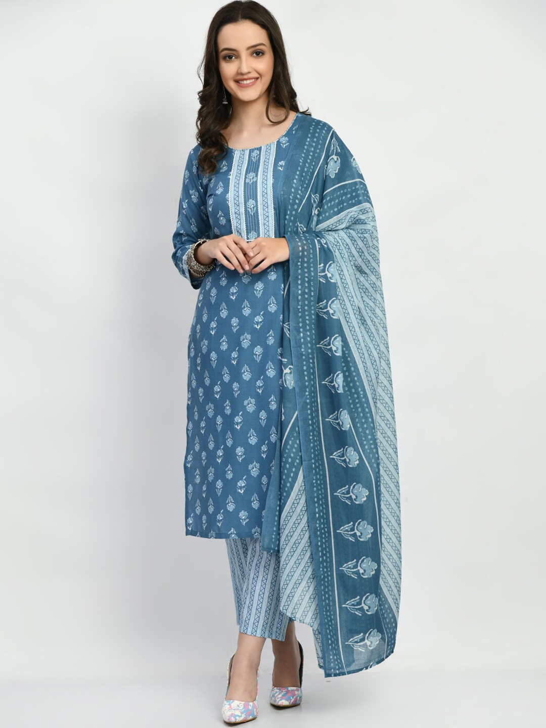 

KALINI Ethnic Motifs Printed Regular Pure Cotton Kurta With Trousers & Dupatta, Blue
