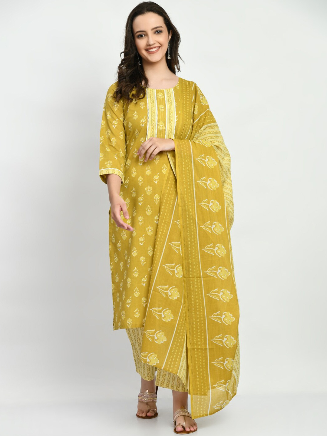

KALINI Floral Printed Regular Pure Cotton Kurta With Trousers & Dupatta, Mustard