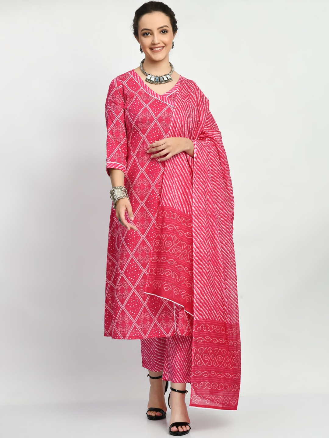 

KALINI Bandhani Printed Angrakha Pure Cotton Kurta with Trousers & With Dupatta, Magenta