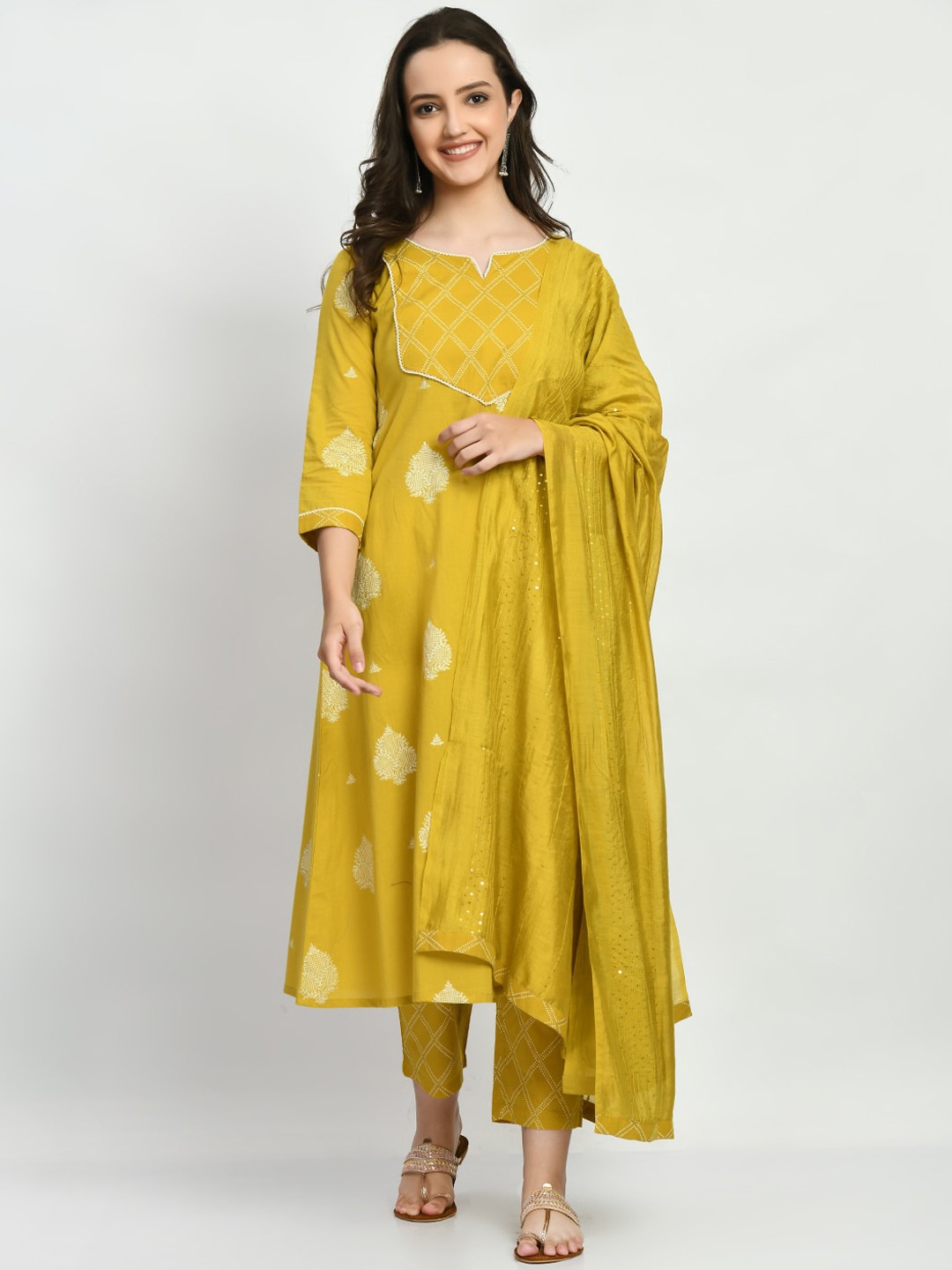 

KALINI Floral Printed Regular Pure Cotton Kurta with Trousers & With Dupatta, Mustard