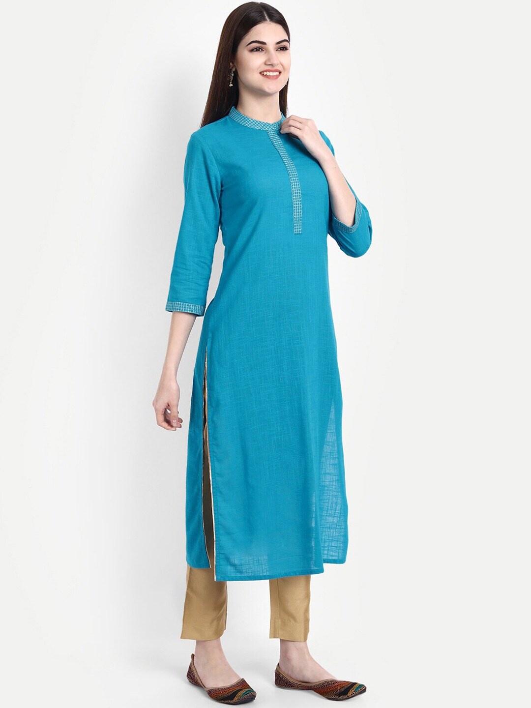 

SUTI Mandarin Collar Thread Work Cotton Straight Kurta, Turquoise blue