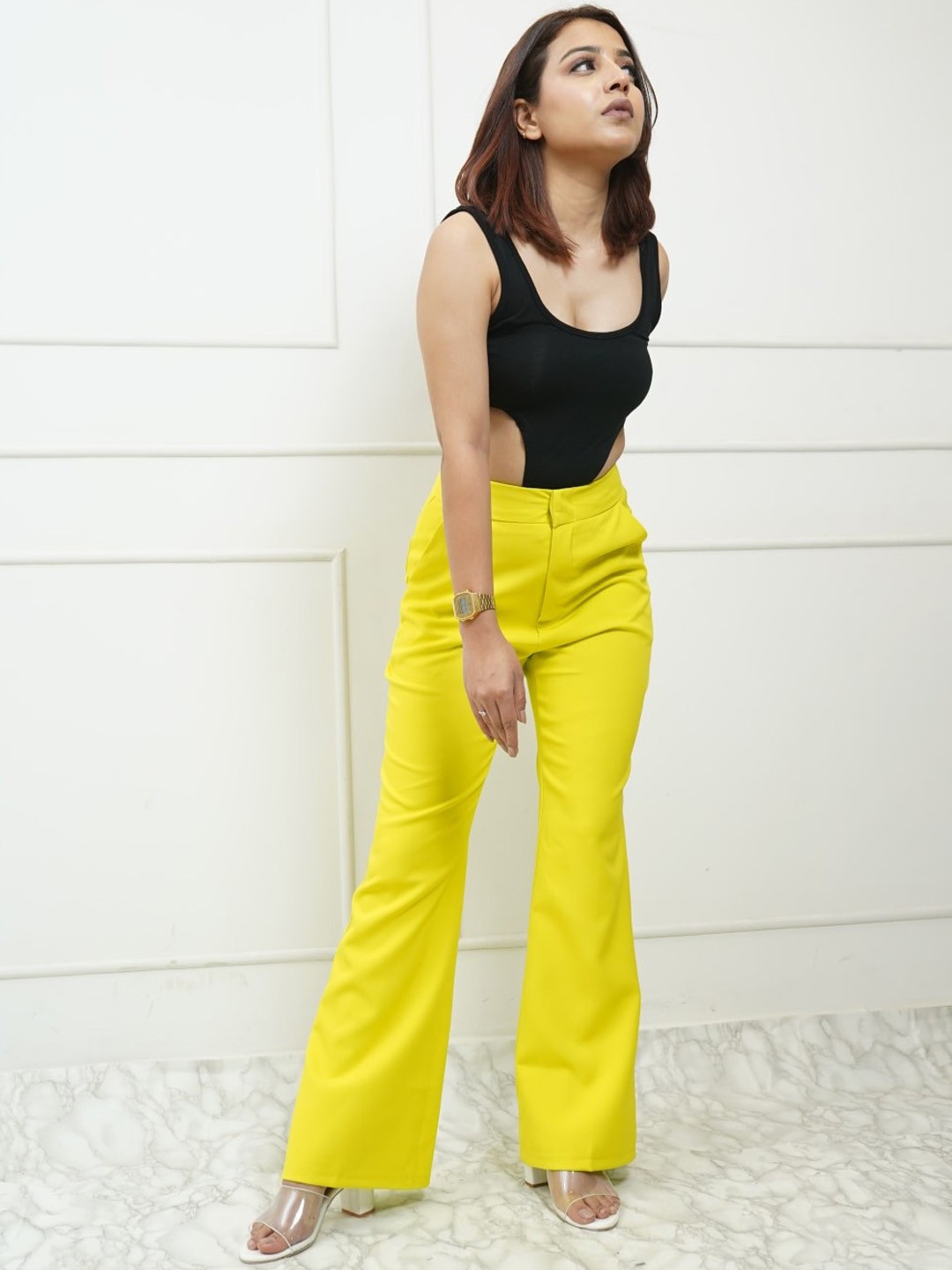 

StyleAsh Shoulder Straps Bodysuit Top With Trouser, Yellow