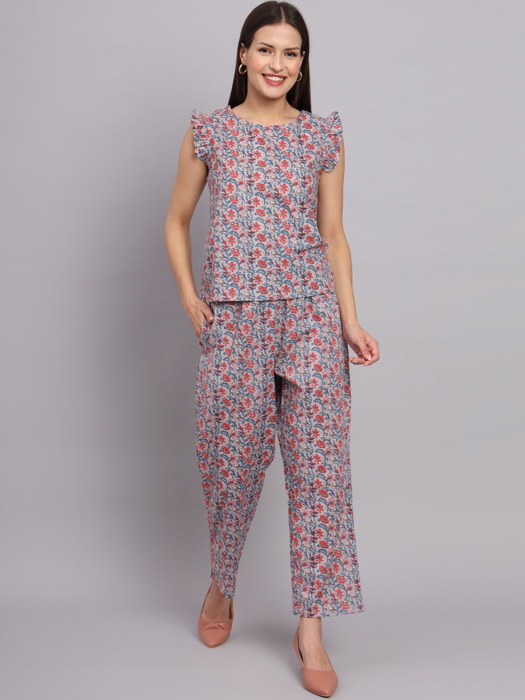 

DECKEDUP Floral Printed Top With Trouser, Grey