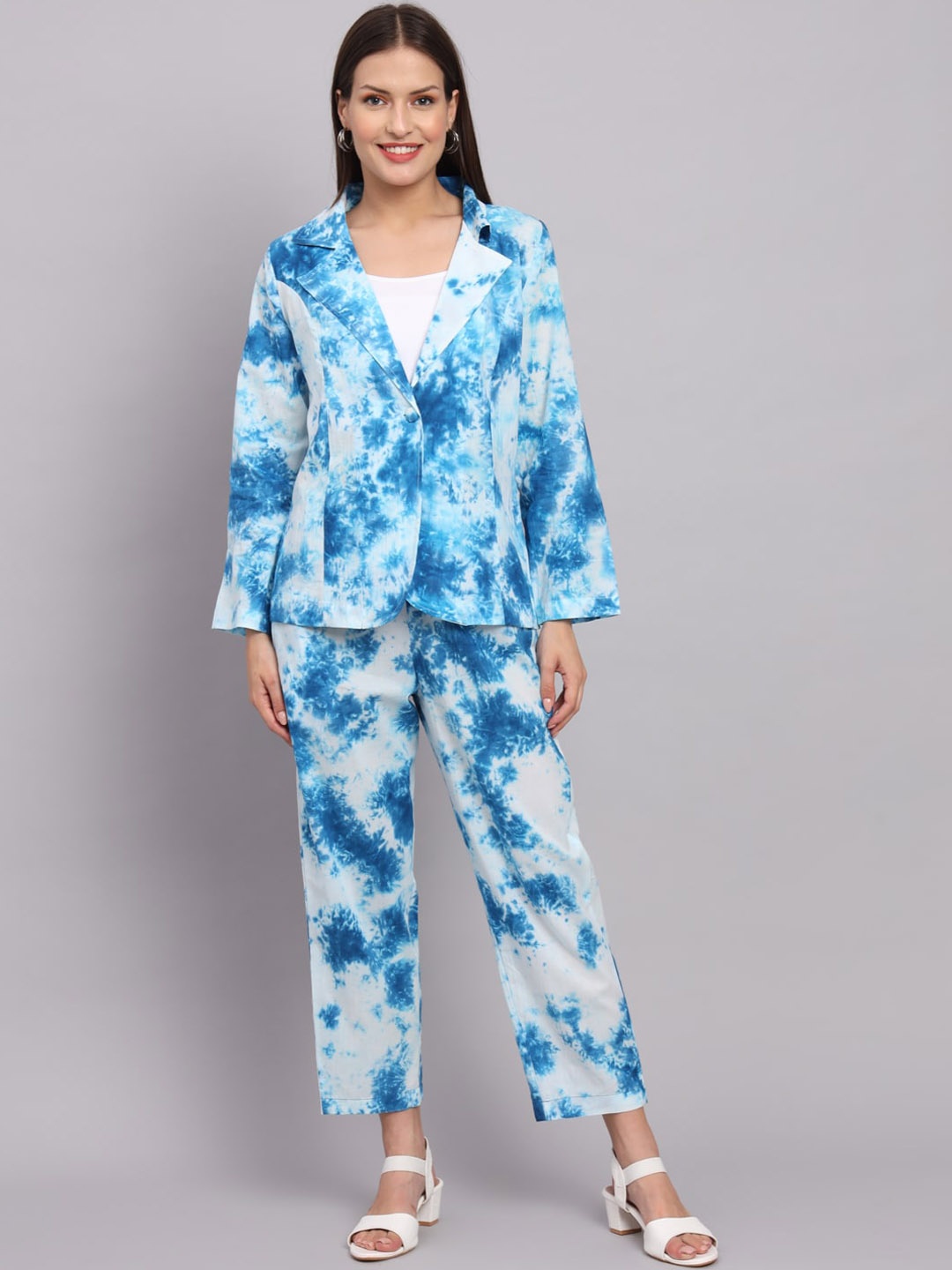 

DECKEDUP Tie & Dye Printed Pure Cotton Blazer & Trouser, Blue