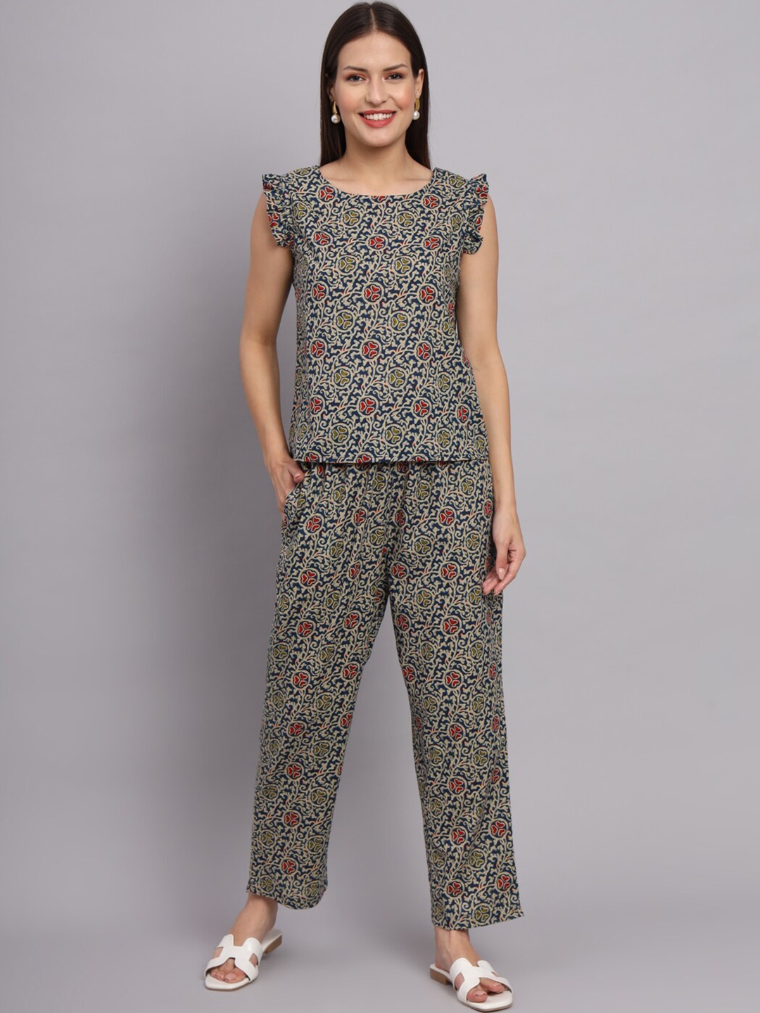 

DECKEDUP Ethnic Motifs Printed Top With Trousers, Blue