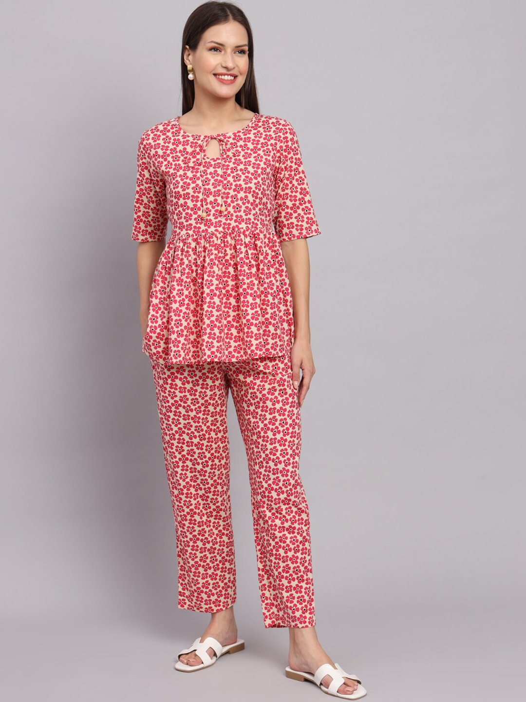 

DECKEDUP Floral Printed Pure Cotton Tunic With Trousers, White