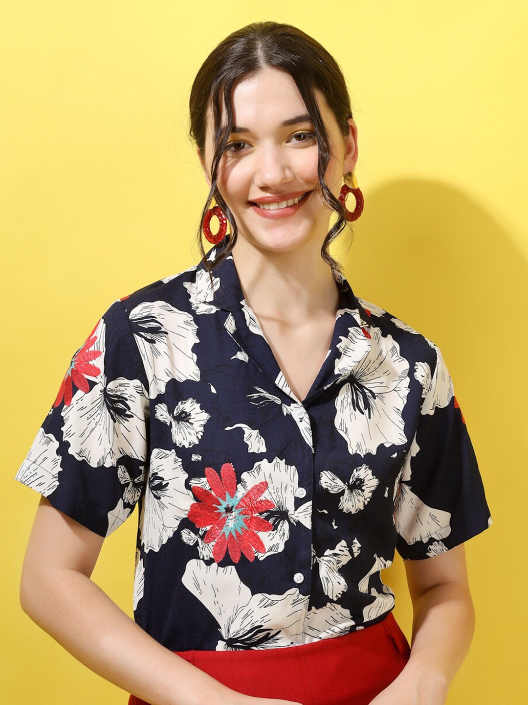 

angloindu Relaxed Floral Printed Cuban Collar Casual Shirt, Navy blue