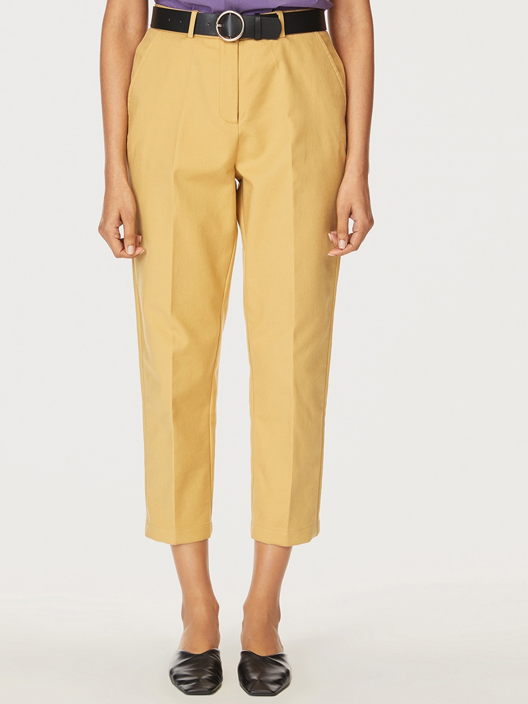 

Bhaane Women Relaxed Fit Cotton Cropped Trousers, Yellow