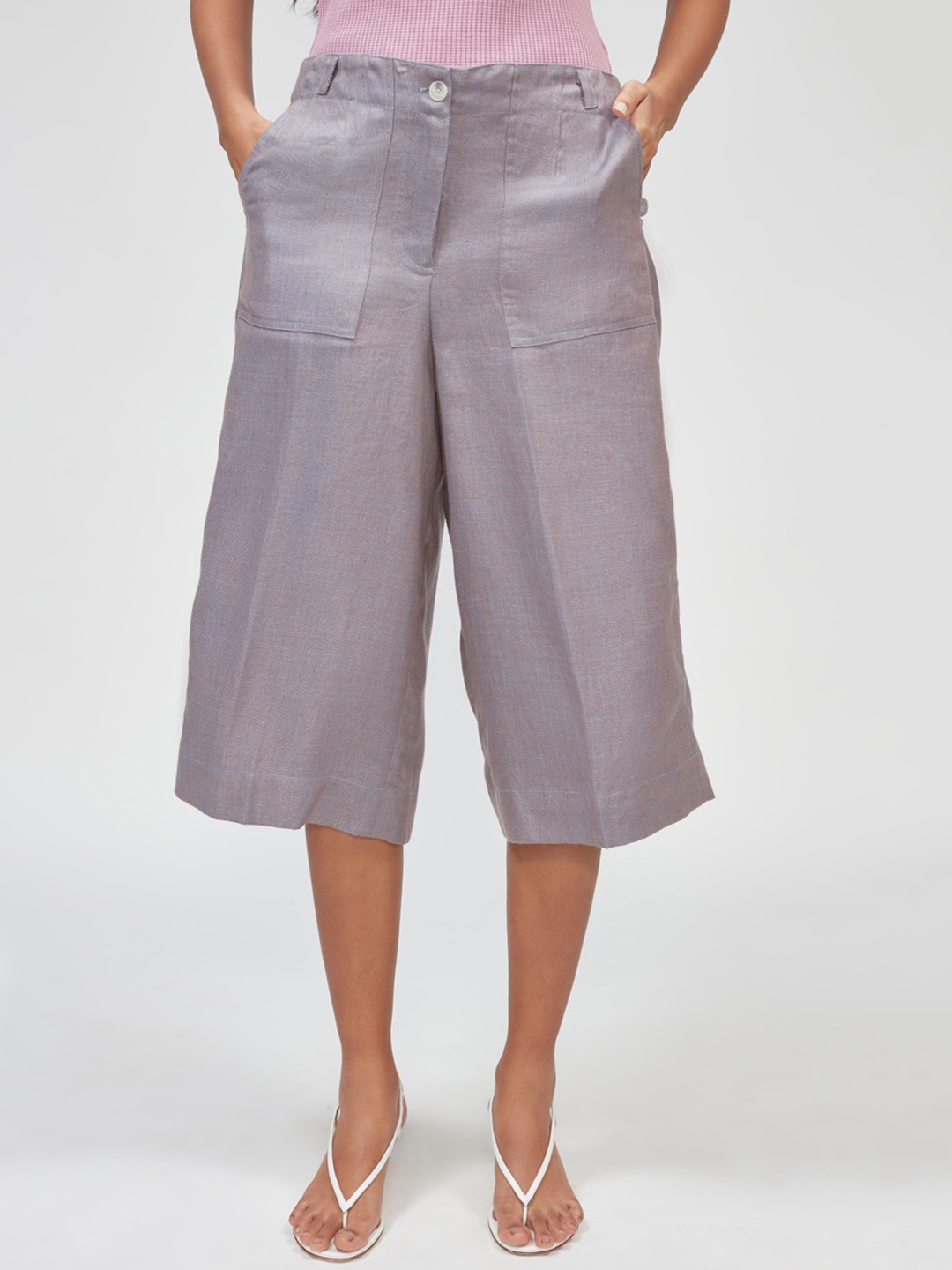 

Bhaane Women Relaxed Fit Three-Fourth Length Linen Culottes, Lavender
