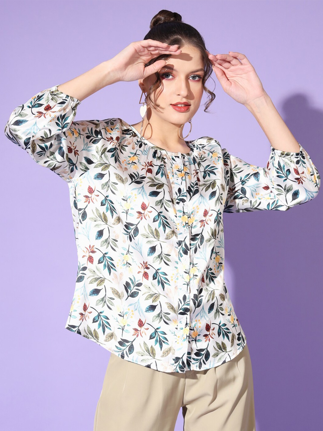 

angloindu Tropical Printed Puffed Sleeves Regular Top, Grey