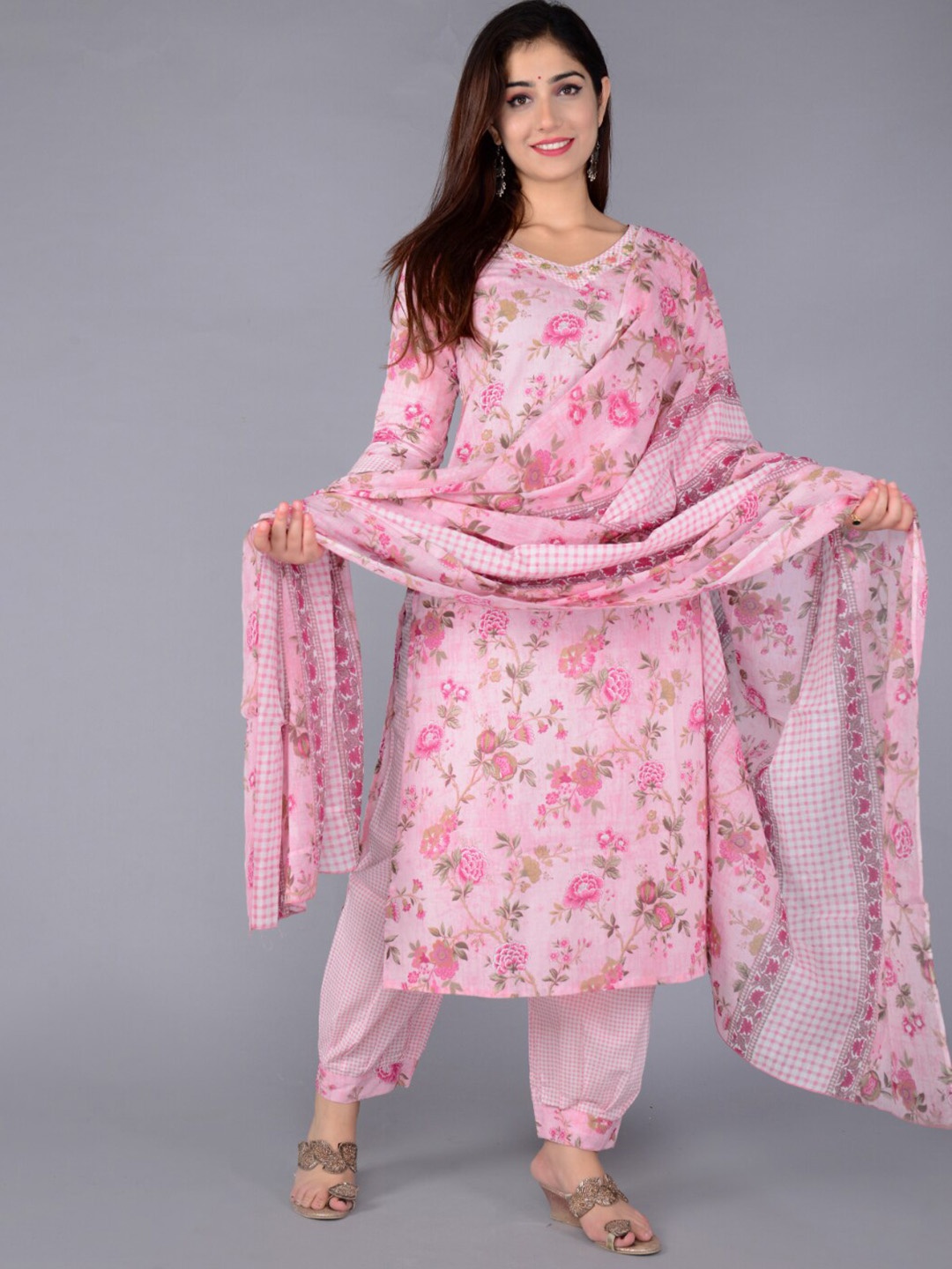 

FABISTA Floral Printed Pleated Pure Cotton Kurta With Salwar & Dupatta, Pink