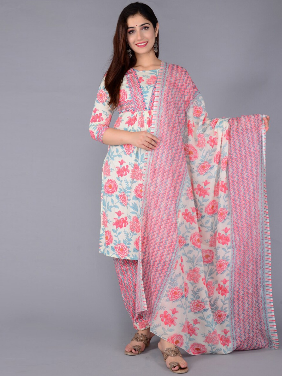 

FABISTA Floral Printed Pleated Pure Cotton Kurta With Salwar & Dupatta, Pink