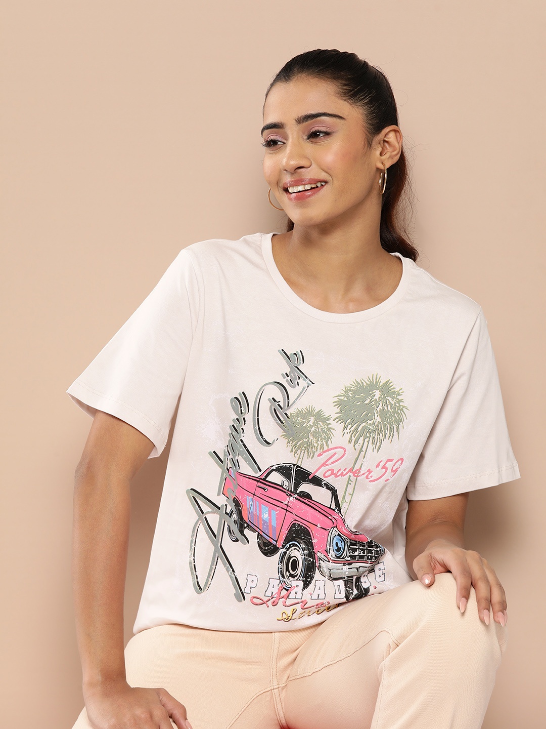 

HERE&NOW Printed Pure Cotton T-shirt, Off white