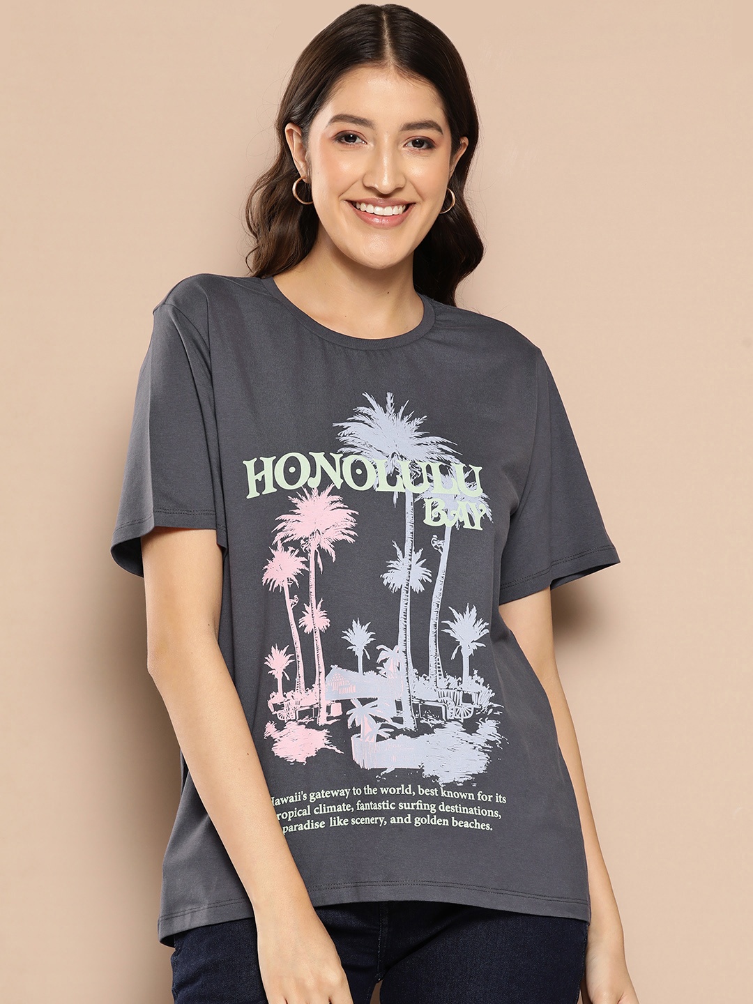 

HERE&NOW Women Printed Pure Cotton T-shirt, Charcoal