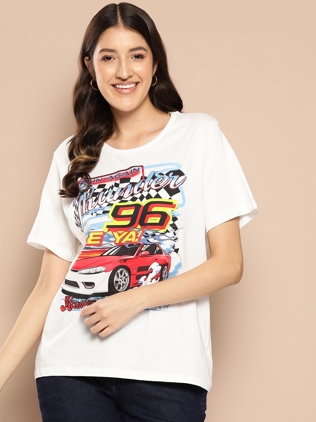 

HERE&NOW Women Printed Pure Cotton T-shirt, White