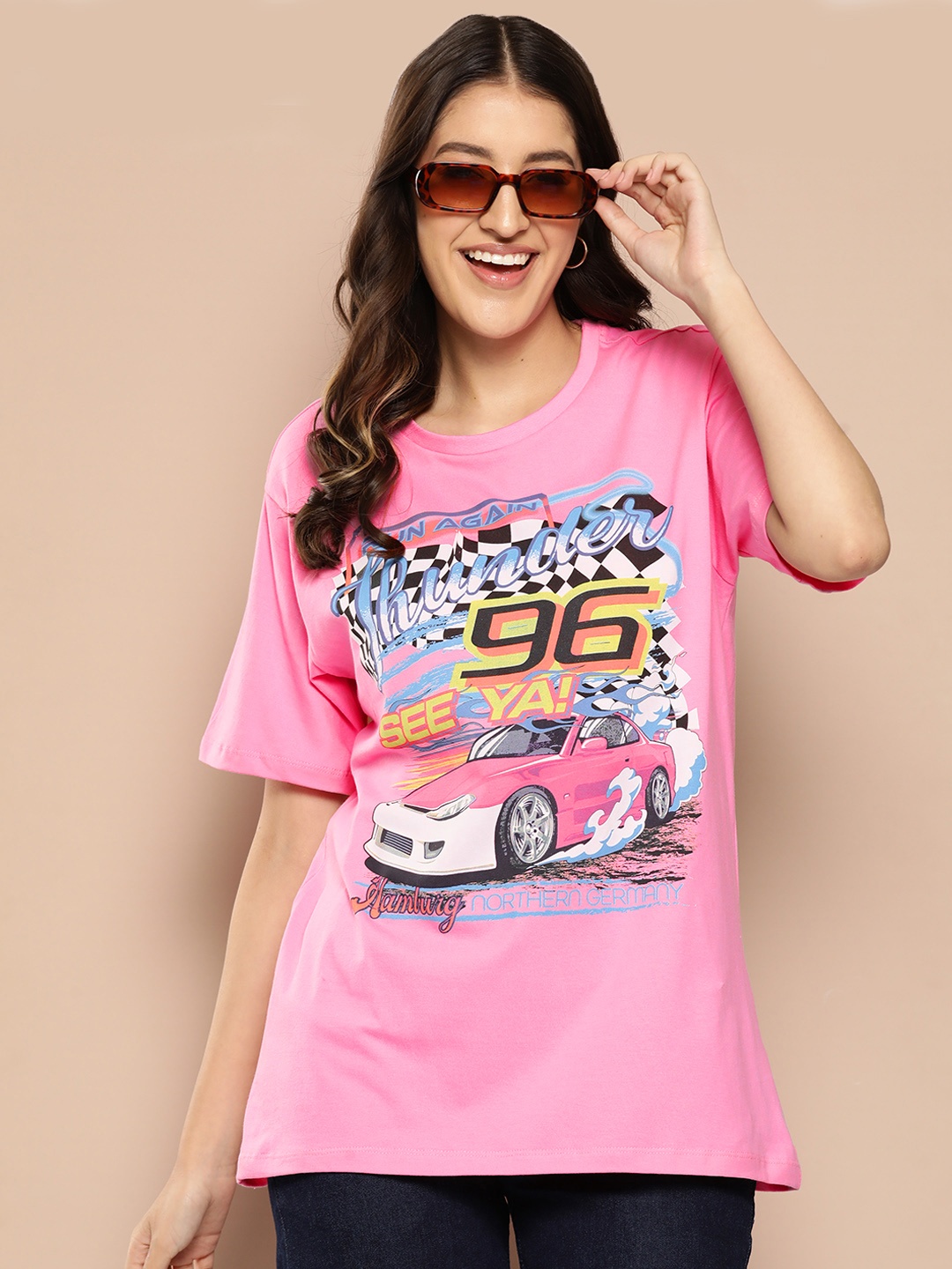 

HERE&NOW Women Printed Pure Cotton T-shirt, Pink