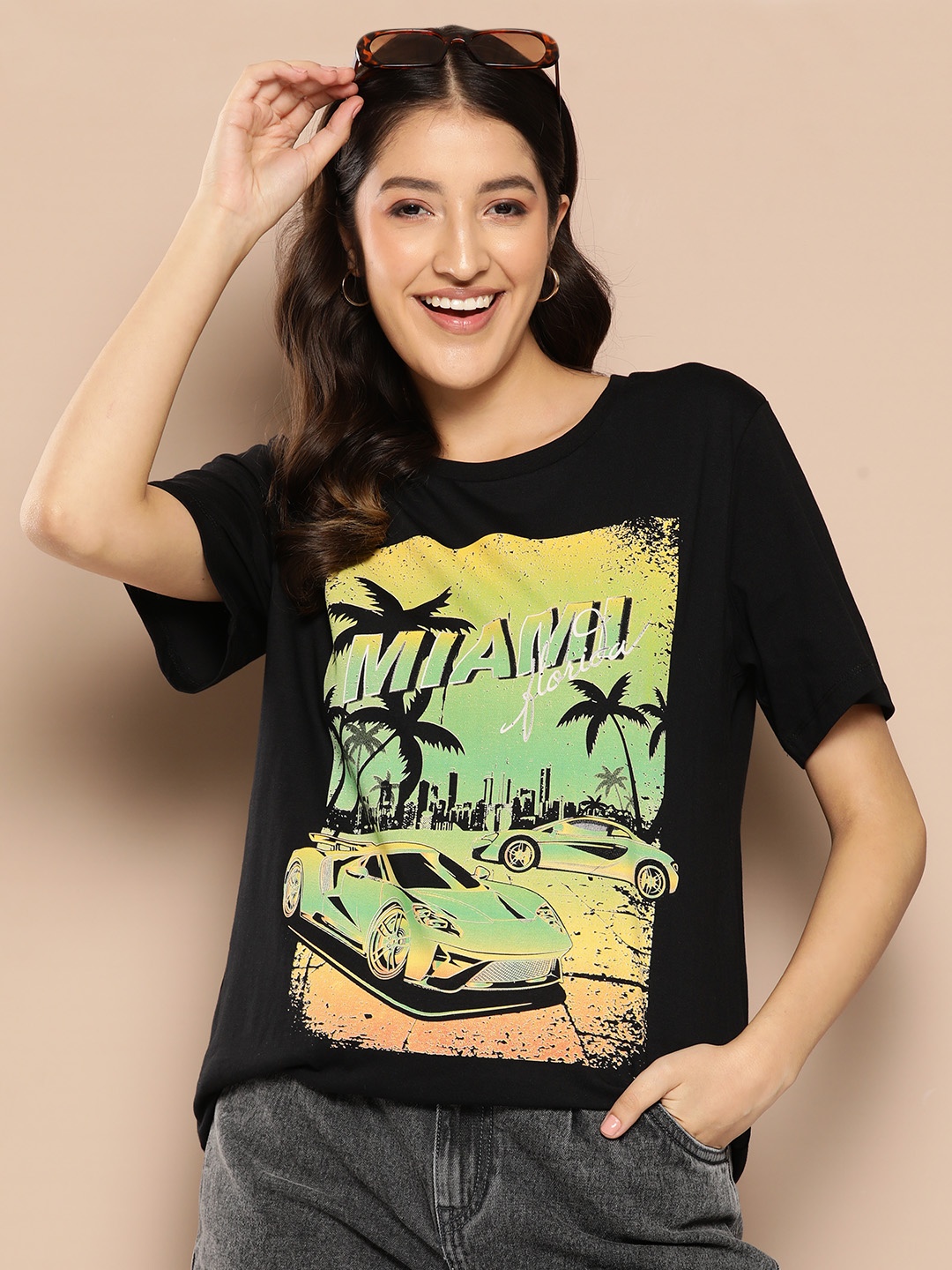 

HERE&NOW Women Printed Pure Cotton T-shirt, Black