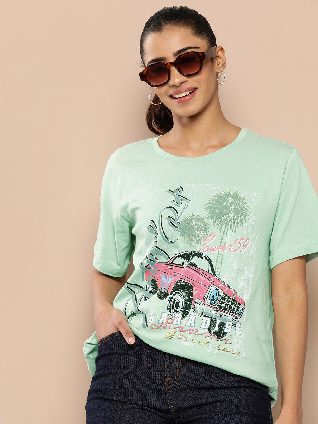 

HERE&NOW Printed Pure Cotton T-shirt, Green