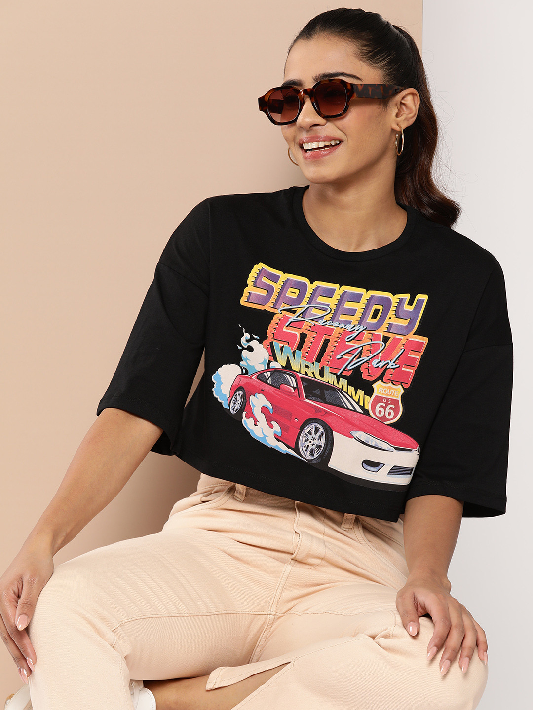 

HERE&NOW Printed Drop-Shoulder Sleeves Pure Cotton Boxy T-shirt, Black