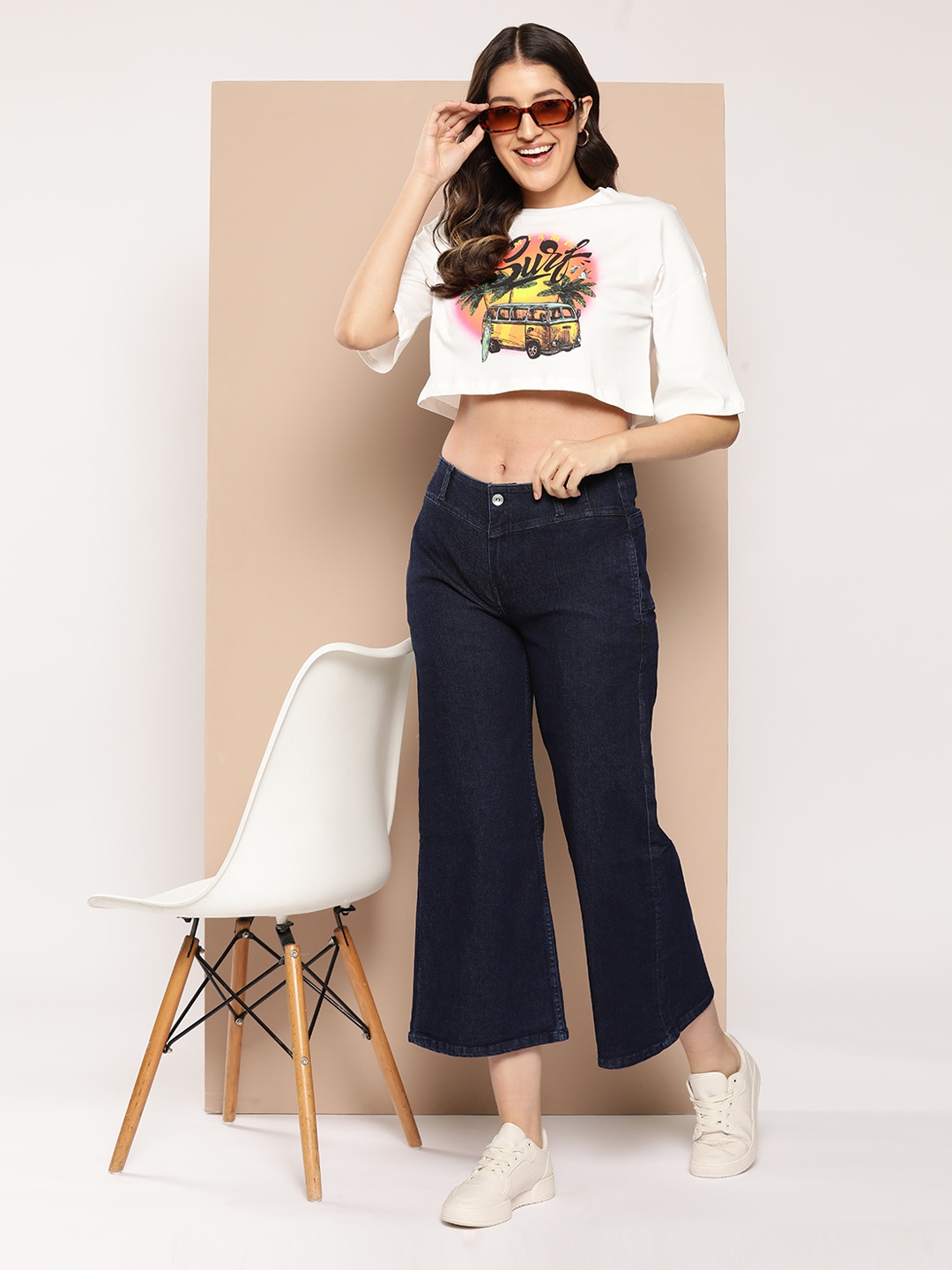 

HERE&NOW Women Printed Pure Cotton Boxy Crop T-shirt, White