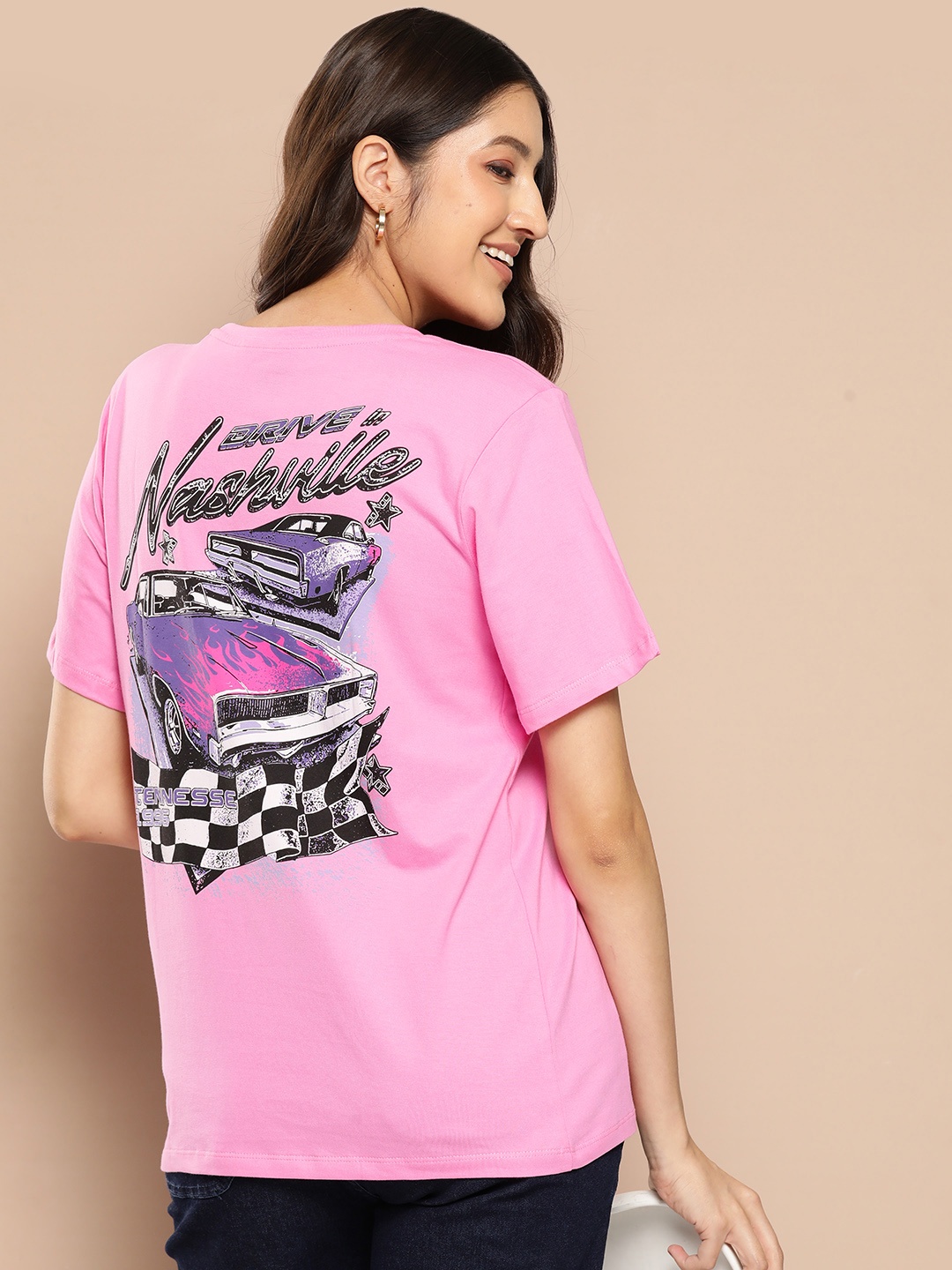 

HERE&NOW Women Printed Pure Cotton T-shirt, Pink