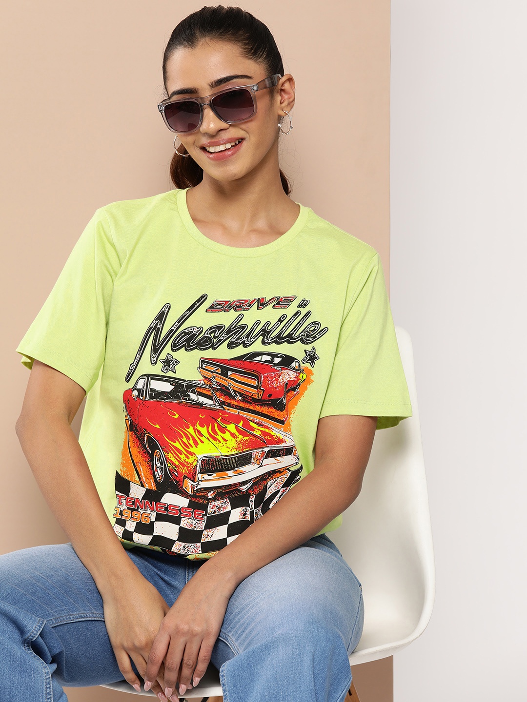 

HERE&NOW Printed Pure Cotton T-shirt, Lime green