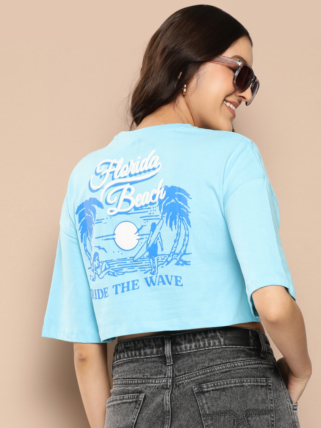 

HERE&NOW Women Printed Pure Cotton Boxy T-shirt, Blue