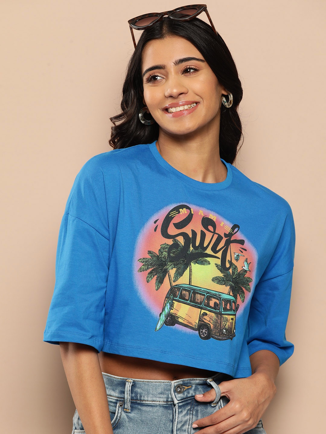 

HERE&NOW Graphic Printed Drop-Shoulder Sleeves Pure Cotton Boxy T-shirt, Blue