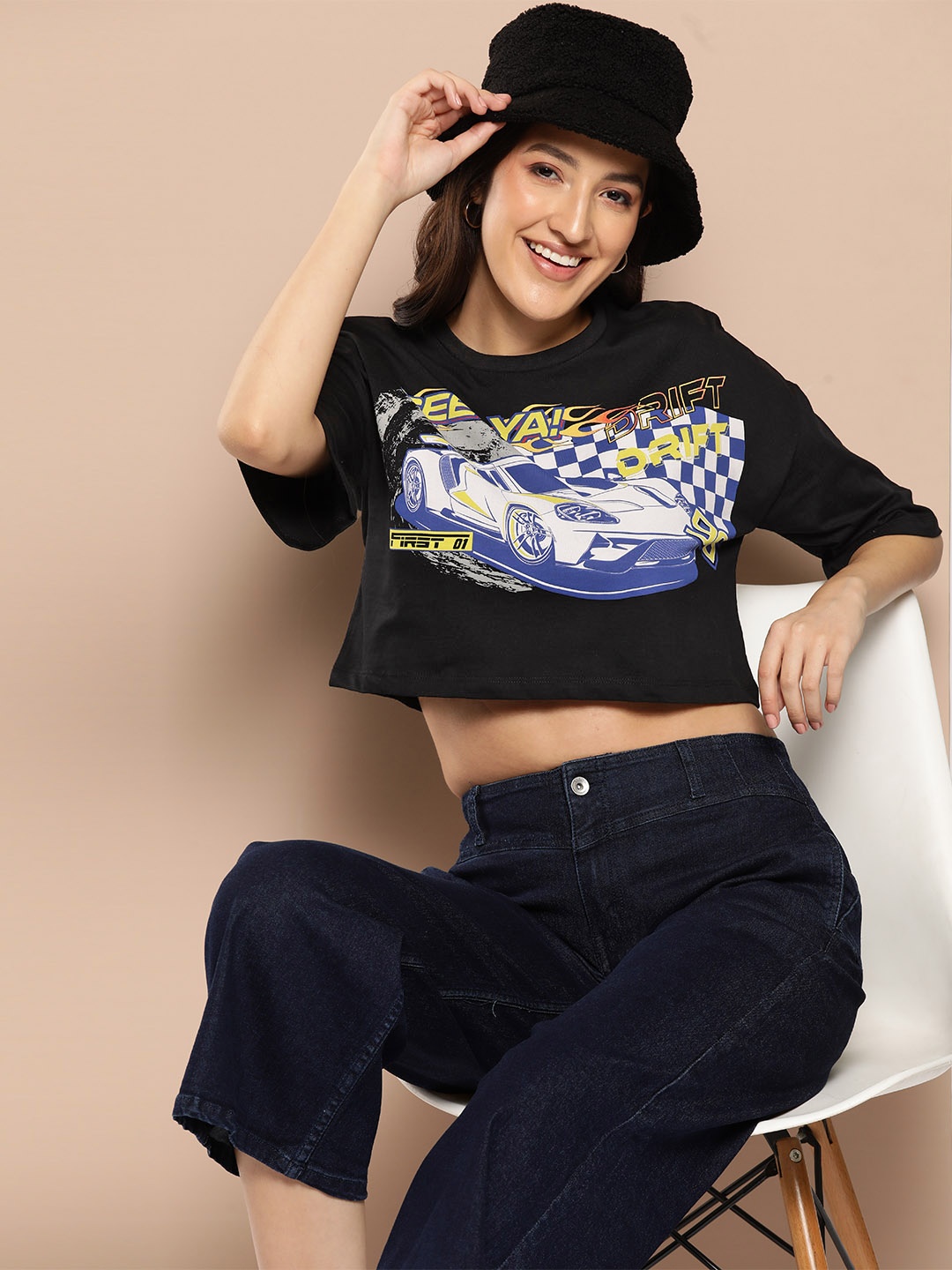 

HERE&NOW Women Printed Pure Cotton Boxy Crop T-shirt, Black