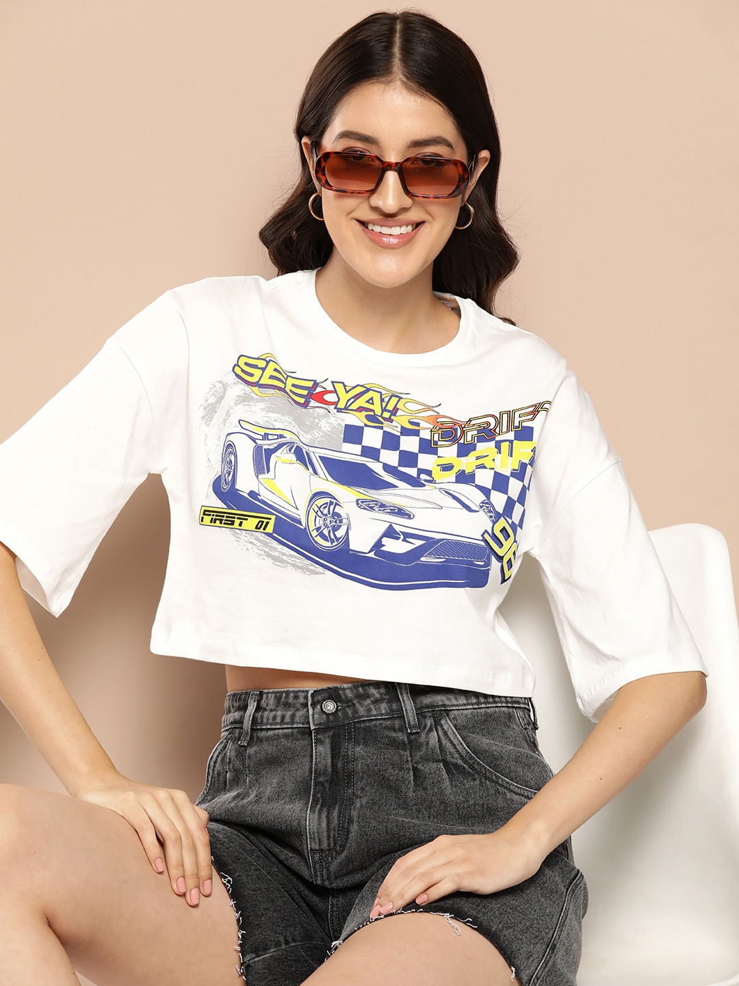 

HERE&NOW Women Printed Pure Cotton Boxy Crop T-shirt, White